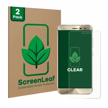 Parte frontal de un envase de producto con el logotipo de la marca ScreenLeaf. Al lado se muestra el dispositivo ASUS ZenFone 