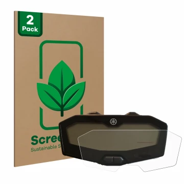 Parte frontal de un envase de producto con el logotipo de la marca ScreenLeaf. Al lado se muestra el dispositivo Yamaha MT-07 