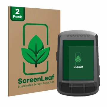 Parte frontal de un envase de producto con el logotipo de la marca ScreenLeaf. Al lado se muestra el dispositivo Wahoo Elemnt 