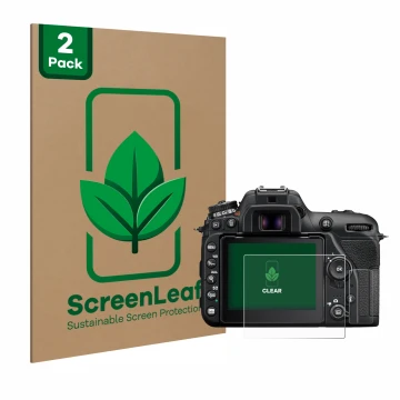 Parte frontal de un envase de producto con el logotipo de la marca ScreenLeaf. Al lado se muestra el dispositivo Nikon D7500 c