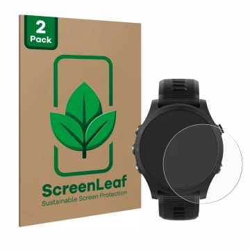 Parte frontal de un envase de producto con el logotipo de la marca ScreenLeaf. Al lado se muestra el dispositivo Garmin Foreru