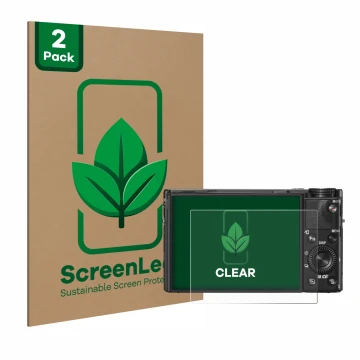 Parte frontal de un envase de producto con el logotipo de la marca ScreenLeaf. Al lado se muestra el dispositivo Sony Cyber-Sh