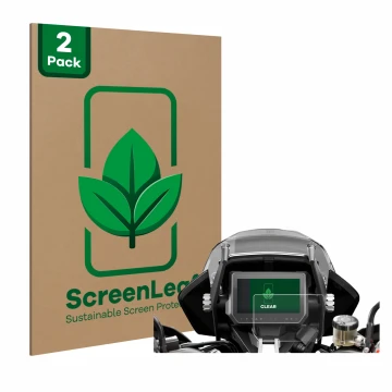 Parte frontal de un envase de producto con el logotipo de la marca ScreenLeaf. Al lado se muestra el dispositivo KTM 1290 Supe