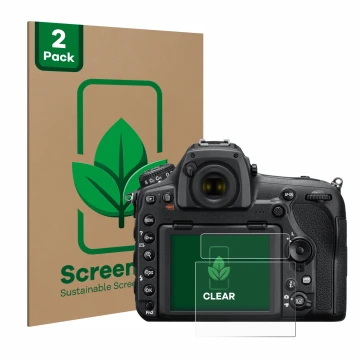 Parte frontal de un envase de producto con el logotipo de la marca ScreenLeaf. Al lado se muestra el dispositivo Nikon D850 co