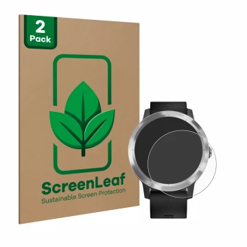 Parte frontal de un envase de producto con el logotipo de la marca ScreenLeaf. Al lado se muestra el dispositivo Garmin vivoac