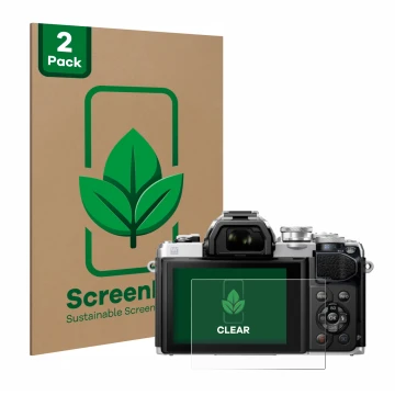 Parte frontal de un envase de producto con el logotipo de la marca ScreenLeaf. Al lado se muestra el dispositivo Olympus OM-D 