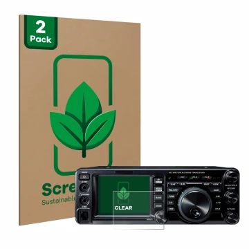 Parte frontal de un envase de producto con el logotipo de la marca ScreenLeaf. Al lado se muestra el dispositivo Yaesu FT-991A