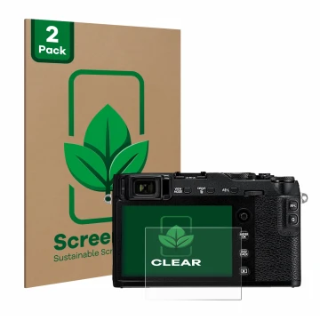 Parte frontal de un envase de producto con el logotipo de la marca ScreenLeaf. Al lado se muestra el dispositivo Fujifilm X-E3