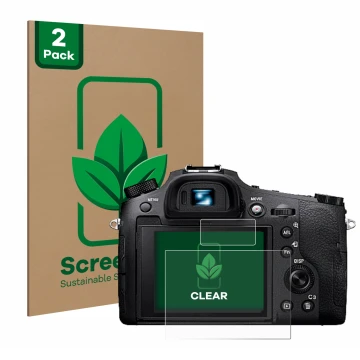 Parte frontal de un envase de producto con el logotipo de la marca ScreenLeaf. Al lado se muestra el dispositivo Sony Cyber-Sh
