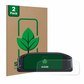 Parte frontal de un envase de producto con el logotipo de la marca ScreenLeaf. Al lado se muestra el dispositivo Volkswagen Ac