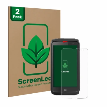 Parte frontal de un envase de producto con el logotipo de la marca ScreenLeaf. Al lado se muestra el dispositivo Crosscall Act