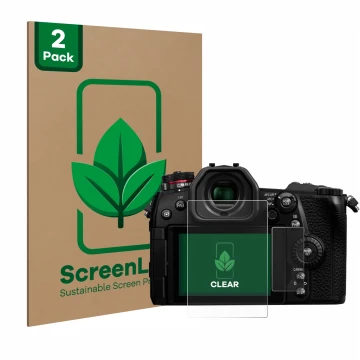Parte frontal de un envase de producto con el logotipo de la marca ScreenLeaf. Al lado se muestra el dispositivo Panasonic Lum