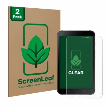 Parte frontal de un envase de producto con el logotipo de la marca ScreenLeaf. Al lado se muestra el dispositivo Samsung Galax