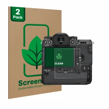 Parte frontal de un envase de producto con el logotipo de la marca ScreenLeaf. Al lado se muestra el dispositivo Fujifilm X-H1
