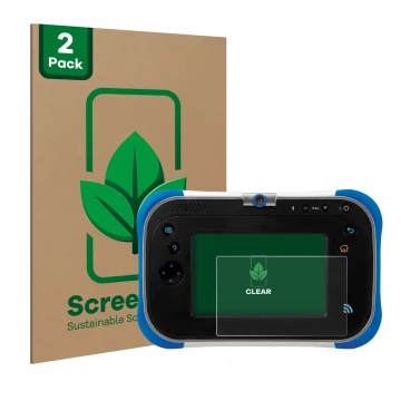 Parte frontal de un envase de producto con el logotipo de la marca ScreenLeaf. Al lado se muestra el dispositivo Vtech Storio 