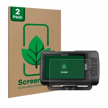 Parte frontal de un envase de producto con el logotipo de la marca ScreenLeaf. Al lado se muestra el dispositivo Garmin Strike