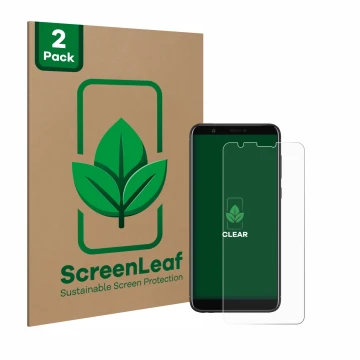 Parte frontal de un envase de producto con el logotipo de la marca ScreenLeaf. Al lado se muestra el dispositivo Huawei P smar