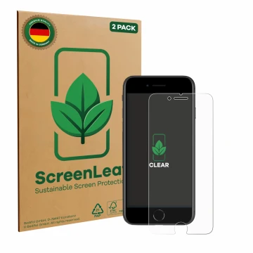 Parte frontal de un envase de producto con el logotipo de la marca ScreenLeaf. Al lado se muestra el dispositivo Apple iPhone 