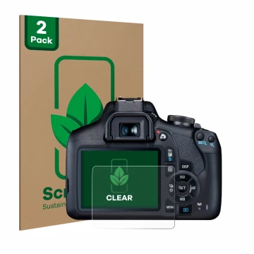 Parte frontal de un envase de producto con el logotipo de la marca ScreenLeaf. Al lado se muestra el dispositivo Canon EOS 200