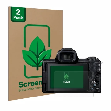 Parte frontal de un envase de producto con el logotipo de la marca ScreenLeaf. Al lado se muestra el dispositivo Canon EOS M50