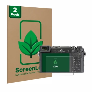 Parte frontal de un envase de producto con el logotipo de la marca ScreenLeaf. Al lado se muestra el dispositivo Panasonic Lum