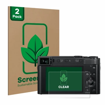 Parte frontal de un envase de producto con el logotipo de la marca ScreenLeaf. Al lado se muestra el dispositivo Panasonic Lum