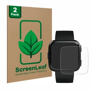 Parte frontal de un envase de producto con el logotipo de la marca ScreenLeaf. Al lado se muestra el dispositivo Fitbit Versa 