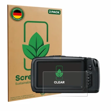 Parte frontal de un envase de producto con el logotipo de la marca ScreenLeaf. Al lado se muestra el dispositivo Blackmagic Po