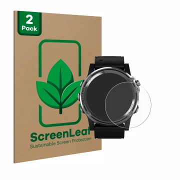 Parte frontal de un envase de producto con el logotipo de la marca ScreenLeaf. Al lado se muestra el dispositivo Garmin Descen