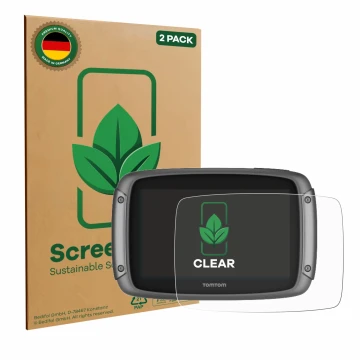 Parte frontal de un envase de producto con el logotipo de la marca ScreenLeaf. Al lado se muestra el dispositivo TomTom Rider 
