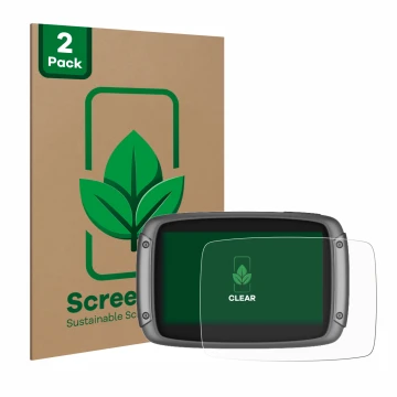 Parte frontal de un envase de producto con el logotipo de la marca ScreenLeaf. Al lado se muestra el dispositivo TomTom Rider 
