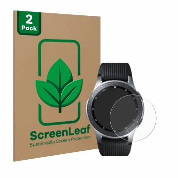 Parte frontal de un envase de producto con el logotipo de la marca ScreenLeaf. Al lado se muestra el dispositivo Samsung Galax