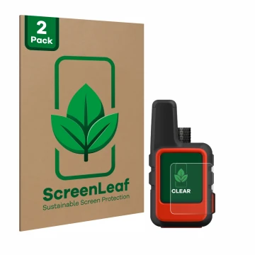 Parte frontal de un envase de producto con el logotipo de la marca ScreenLeaf. Al lado se muestra el dispositivo Garmin inReac