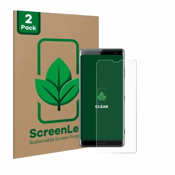 Parte frontal de un envase de producto con el logotipo de la marca ScreenLeaf. Al lado se muestra el dispositivo Sony Xperia X