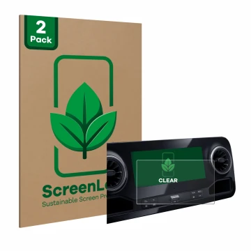 Parte frontal de un envase de producto con el logotipo de la marca ScreenLeaf. Al lado se muestra el dispositivo Mercedes-Benz