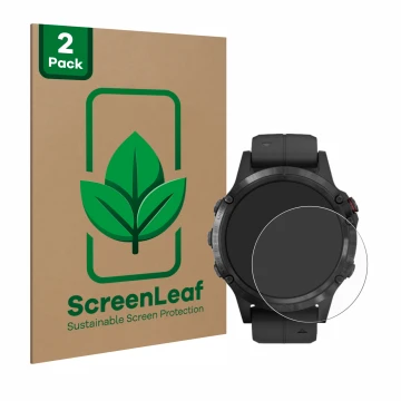 Parte frontal de un envase de producto con el logotipo de la marca ScreenLeaf. Al lado se muestra el dispositivo Garmin Fenix 