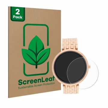 Parte frontal de un envase de producto con el logotipo de la marca ScreenLeaf. Al lado se muestra el dispositivo Xlyne X-Watch