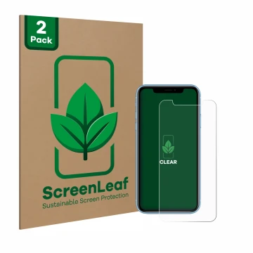 Parte frontal de un envase de producto con el logotipo de la marca ScreenLeaf. Al lado se muestra el dispositivo Apple iPhone 