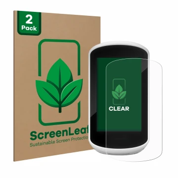 Parte frontal de un envase de producto con el logotipo de la marca ScreenLeaf. Al lado se muestra el dispositivo Garmin Edge E