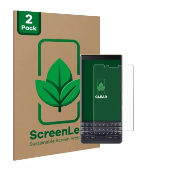 Parte frontal de un envase de producto con el logotipo de la marca ScreenLeaf. Al lado se muestra el dispositivo BlackBerry Ke