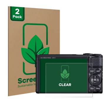 Parte frontal de un envase de producto con el logotipo de la marca ScreenLeaf. Al lado se muestra el dispositivo Canon PowerSh