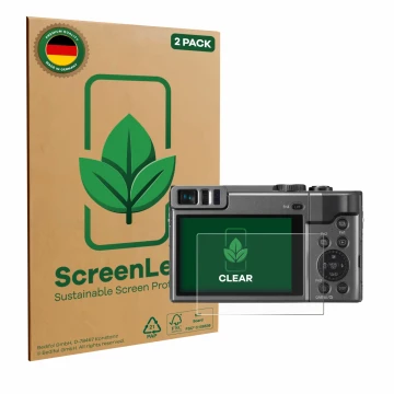 Parte frontal de un envase de producto con el logotipo de la marca ScreenLeaf. Al lado se muestra el dispositivo Panasonic Lum