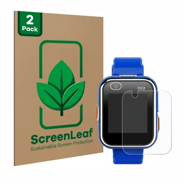 Parte frontal de un envase de producto con el logotipo de la marca ScreenLeaf. Al lado se muestra el dispositivo Vtech Kidizoo