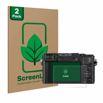 Parte frontal de un envase de producto con el logotipo de la marca ScreenLeaf. Al lado se muestra el dispositivo Panasonic Lum