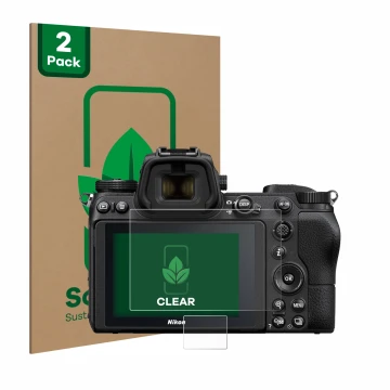 Parte frontal de un envase de producto con el logotipo de la marca ScreenLeaf. Al lado se muestra el dispositivo Nikon Z 6 con