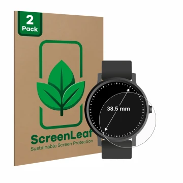 Parte frontal de un envase de producto con el logotipo de la marca ScreenLeaf. Al lado se muestra el dispositivo Relojes (Circ