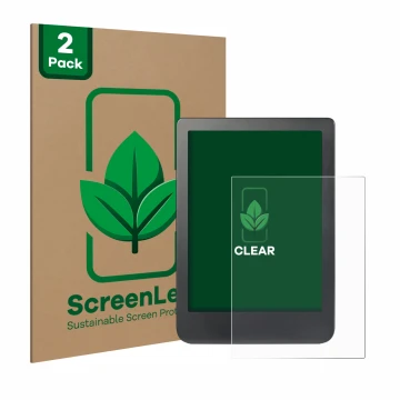 Parte frontal de un envase de producto con el logotipo de la marca ScreenLeaf. Al lado se muestra el dispositivo Kobo Clara HD