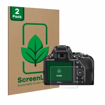 Parte frontal de un envase de producto con el logotipo de la marca ScreenLeaf. Al lado se muestra el dispositivo Nikon D3500 c