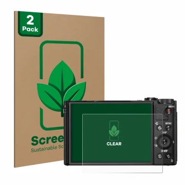 Parte frontal de un envase de producto con el logotipo de la marca ScreenLeaf. Al lado se muestra el dispositivo Sony Cyber-Sh