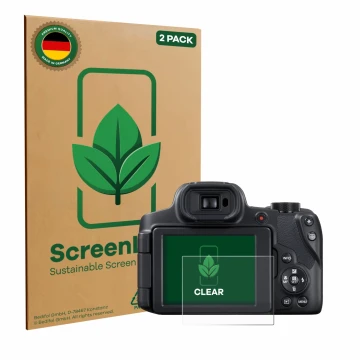 Parte frontal de un envase de producto con el logotipo de la marca ScreenLeaf. Al lado se muestra el dispositivo Canon PowerSh